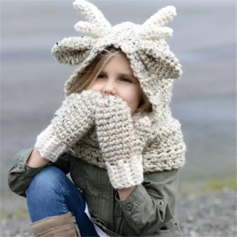 Cute cartoon children's handmade crochet hat elk knit hat warm scarf gloves hat elk cape cap