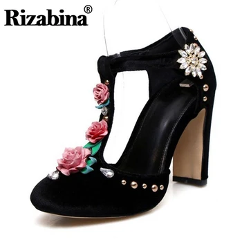 

RIZABINA Size 34-43 Vintage Women Real Genuine Leather High Heel Sandals Flower T Strap Spike Heel Sandals Summer Party Shoes