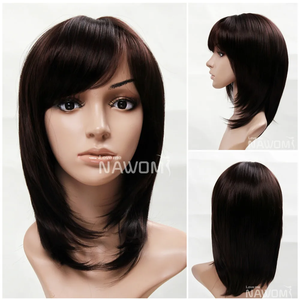 whosales long straight brown hair wigs with bangs synthtic wigs for