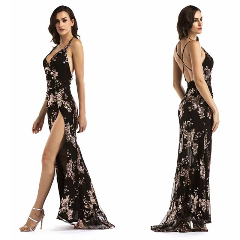 Sexy V Neck Strap Backless Sequined Dress Vestidos De Festa 2017 Women Dress (5)