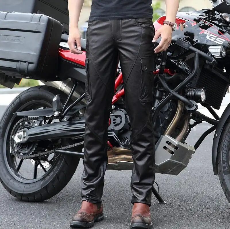 High Quality Men Pants Fashion Genuine Leather Mens Trousers Slim Fit Motorcycle Trousers Casual Pocket Men Pencil Pants - Цвет: black