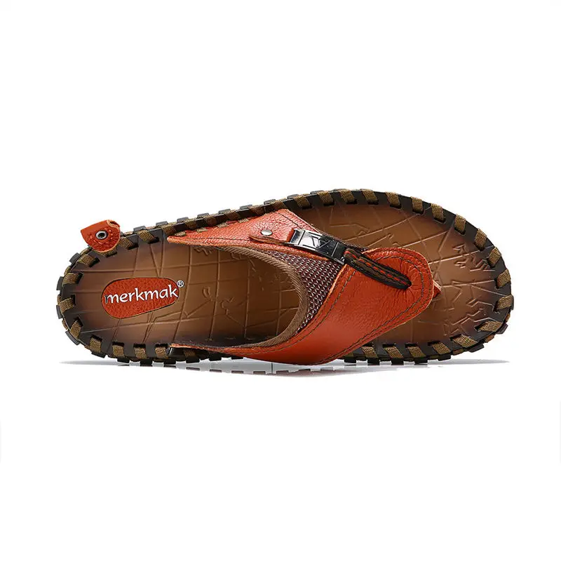 Merkmak Men's Flip Flops Summer Beach Sandals Casual Genuine Leather Men Flats Slip-on Slipper Big Size 38-47 Breathable Shoes