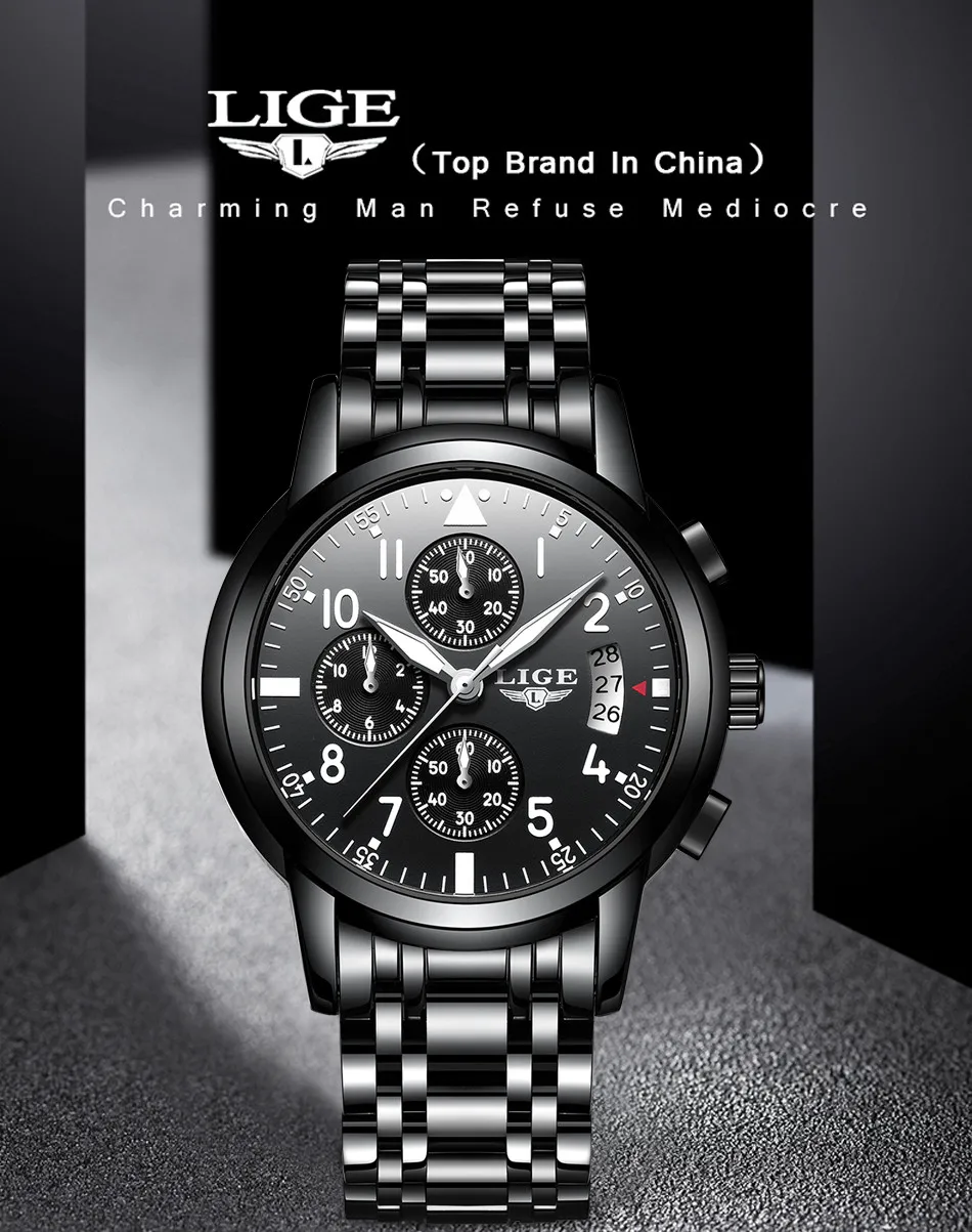 Для мужчин часы lige top бренд класса люкс Бизнес Хронограф Мужские кварцевые часы Для мужчин Повседневное водонепроницаемые военные часы Relogio Masculino