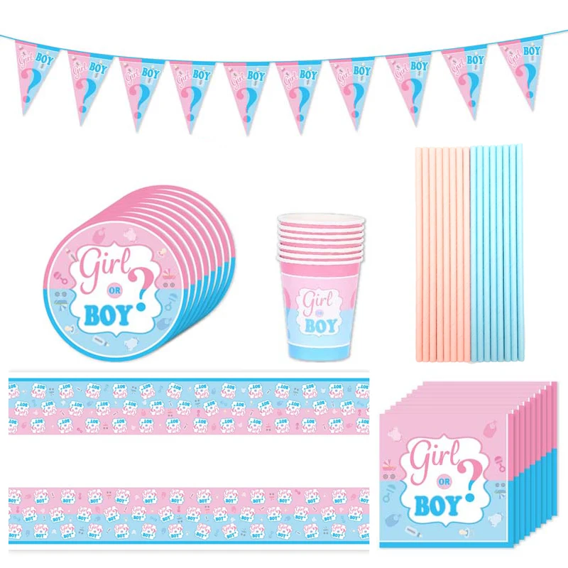

Boy or Girl Disposable Tableware Gender Reveal Party Supplies Pink Blue Paper Plates Cups Baby Shower Kids Gender Reveal Favors