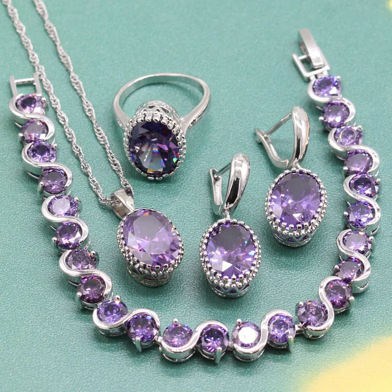 

Women 925 Silver Anniversary Jewlery Sets Royal Purple AAA Zircon Pendant Earrings Ring Bracelet Collector's Edition Free Box