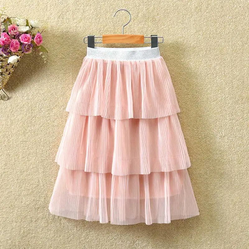 Длинная юбка для девочек для 2-12Years большая детская одежда для девочек юбка 3-Слои торт юбки в складку, подростковые юбки для девочек летние Повседневное - Цвет: SK3333-pink