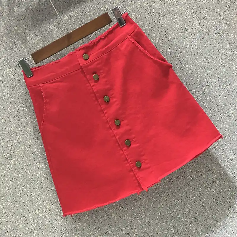 womens red denim skirt