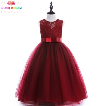 

POSH DREAM Burgundy Party Dresses for Kids Girl Lace Tulle Flower Girl Wedding Costume Dress Peach Kids Girl Summer Party Dress