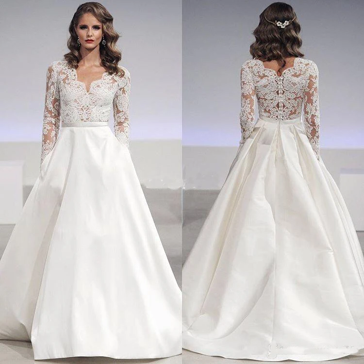 Vestido де noiva Свадебные Платья с Длинным Рукавом Кружева Аппликация Line Свадебное