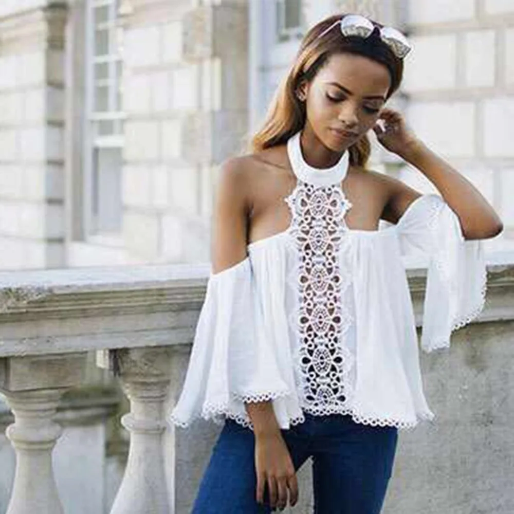 

Sexy women halter white lace blouse shirt women Fashion off shoulder top women blouses Summer hollow out flare sleeve tops