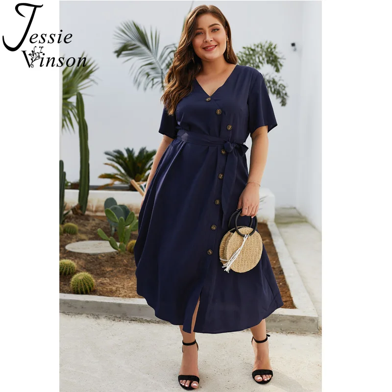 

Jessie Vinson Short Sleeve V-neck Dark Blue Button Elegant Dress Women Summer Dress Plus Size Elegant Belted Solid Midi Dresses