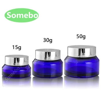 

10pcs/lot High quality 15G/30G/50G Blue Glass Jars with Silver Lid, Blue Cream Jars, Skin Care Cream Bottles, Cosmetic Container