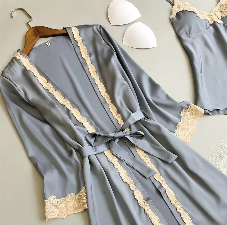 Комплект из 4 предметов Брюки сексуальная пижама Атлас Кружева Ночная рубашка с цветочным рисунком ночное белье, пеньюар хлопок Элегантный