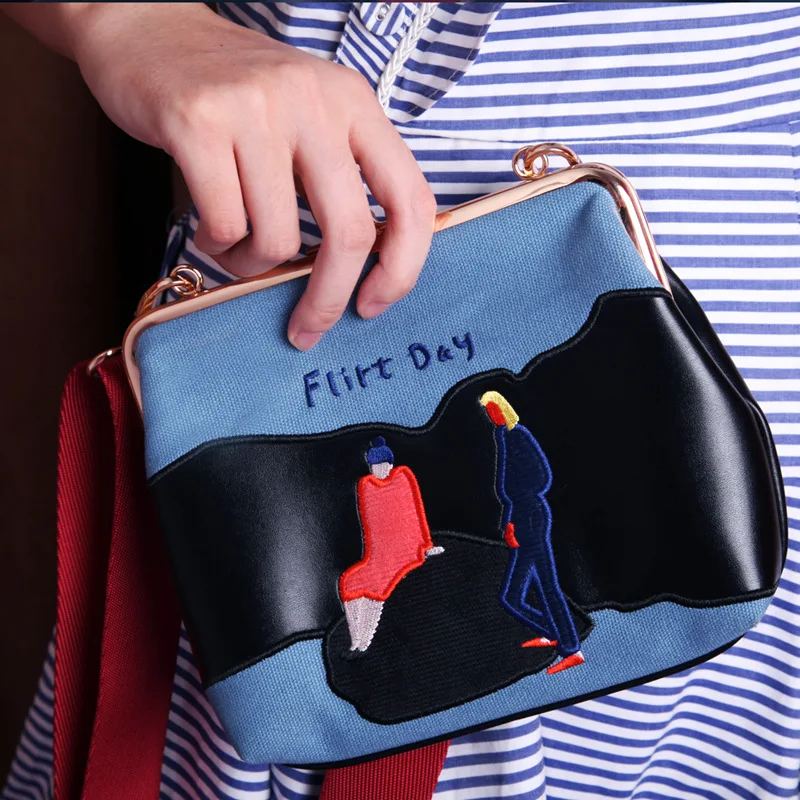 

New Design Vintage Women Frame Gold Hasp Embroidered Shell Shoulderbag Crossbody Velvet Pu Split Small Messenger Bag Casual