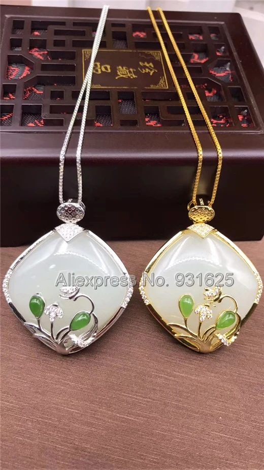 

Beautiful 925 Silver Gold Natural White Green HeTian Yu Flower Style Lucky Pendant Necklace + certificate Fashion Jewelry