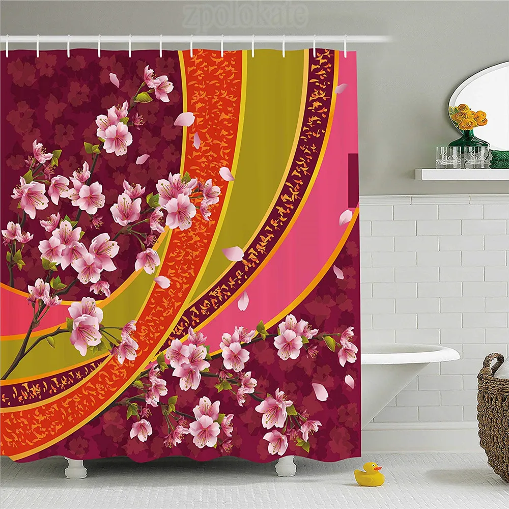 Us 11 4 40 Off Flower Shower Curtain Oriental Backdrop Sakura Blossom Japanese Cherry Tree Print Fabric Bathroom Decor Set With Hooks Maroon In