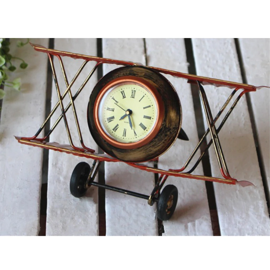 

Creative Home Metal Desk Clock Shelf Clock, Airplane Biplane Aircraft Shape, Rustic Finish Photo Props