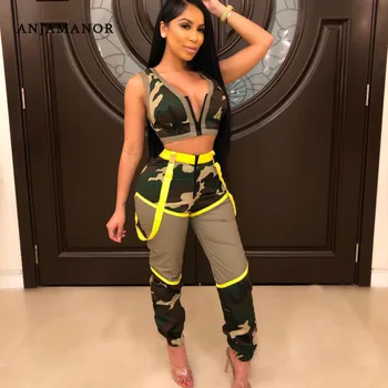 

ANJAMANOR Patchwork Camo Sexy 2 Piece Set Tracksuit Women Two Piece Outfits Zipper Crop Top with Pants Matching Sets D35-AI29