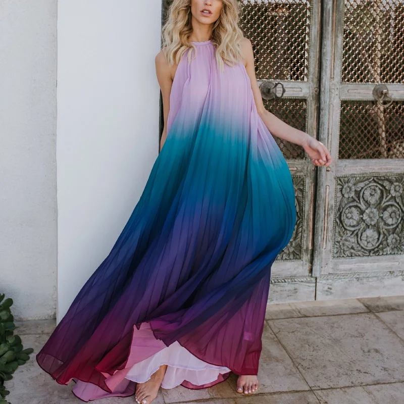 

Summer women chiffon dress Women Sexy Backless Halter Sleeveless Tye Dye Boho Long Maxi Dress Loose Beach Tunic Bohemian Dress