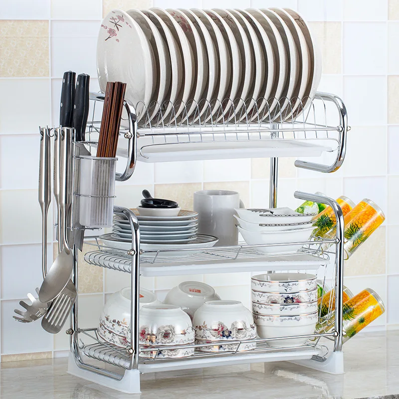 Desktop Stainless Steel Dish Rack Plates Drainer Drying For Menggunakan 2 3 Lapisan Stainless Steel Sendok Garpu Berdiri Rak Peralatan Makan Hidangan