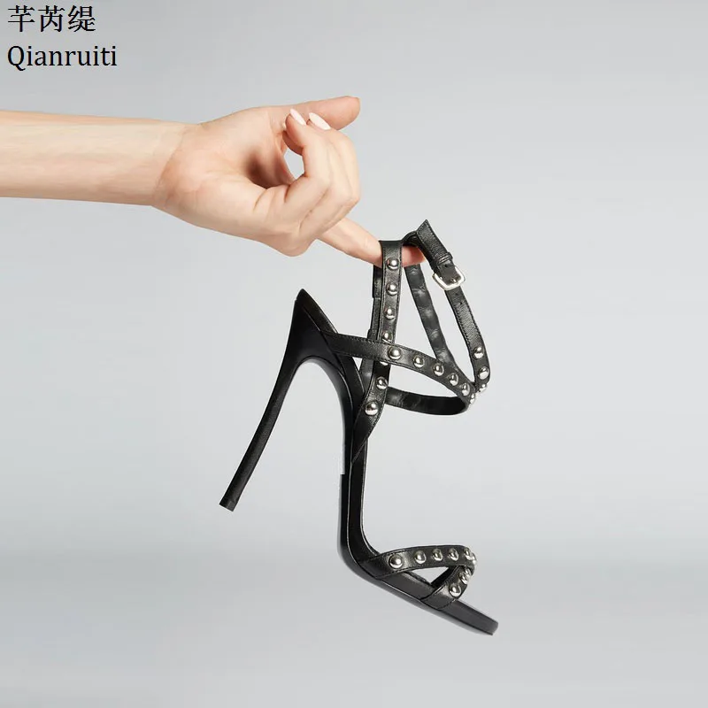 

Qianruiti Rome Style High Heels Women Sandals Ankle Buckle Strap Slingback Women Pumps Studded Rivets Women Gladiator Shoes