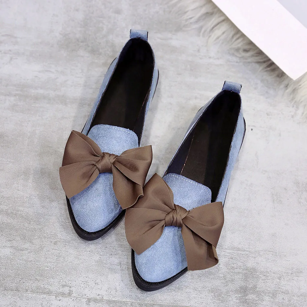 

New Fashion Women Pointed Toe Flock Slip-on Shoes Square Heel Jobs Single Shoes Bow Shoes Casual Ladies Shoes 10