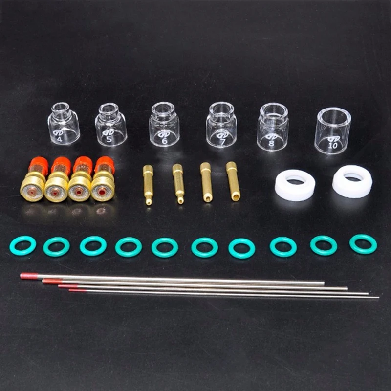 HHO-30Pcs/Lot Practical Tig Welding Kit Torch Stubby Tig Gas Len Glass Cup Tungsten Needle For Wp17/18/26 Welding Accessories