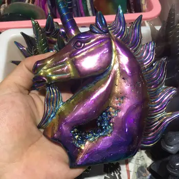 

Natural Aura Geode Agate Carved Crystal Unicorn Skull Figurine Healing Crystal Skull Statue Art Home Decor