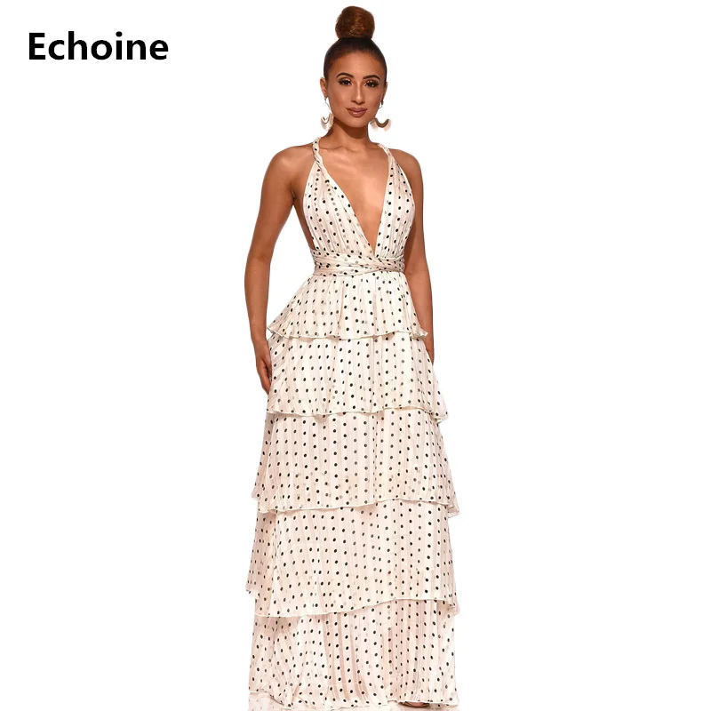 

Dot Print Spaghetti Strap Maxi Dress Lace Up Ruffle Elagant Party Long Dress Sexy Backless V-neck Dress Femme Robe Vestidos