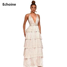 Dot Print Spaghetti Strap Maxi Dress Lace Up Ruffle Elagant Party Long Dress Sexy Backless V-neck Dress Femme Robe Vestidos ruffle strap dot print bodysuit
