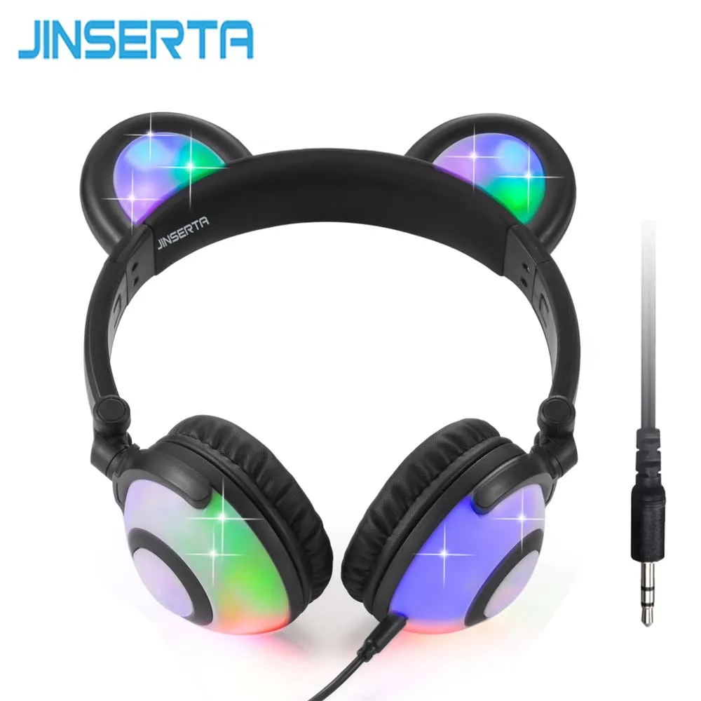 JINSERTA складные мигающие светящиеся наушники с медвежьими ушками, игровая гарнитура, наушники для косплея, светодиодный светильник для ПК, ноутбука, мобильного телефона