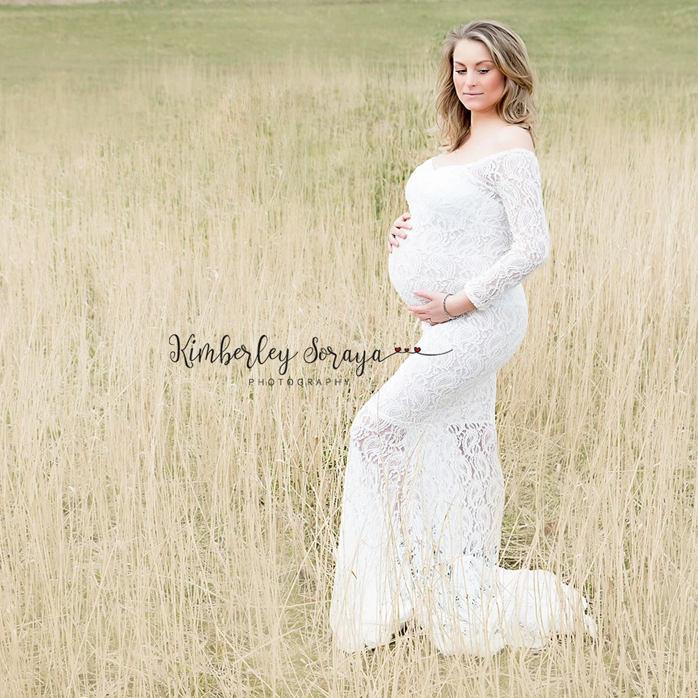 Stretch Lace Long Sleeve V Neck Fishtail Maternity Dress MATERNITY PHOTOGRAPHY DRESS BABY SHOWER GIFT double v neck contrast dip hem dress