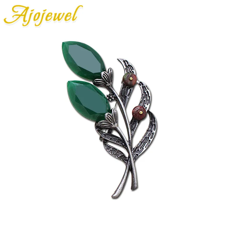 

Ajojewel Vintage Jewelry Green Semi-precious Stone Leaf Shape Elegant Brooch Scarf Buckle For Women Original Design Fine Gift
