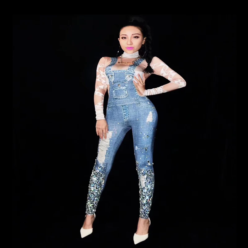 

Women New Sexy Blue Jeans Printed Rhinestones Jumpsuit Outfit Stage Dance Stretch One-piece Costume Female Performance Leggings