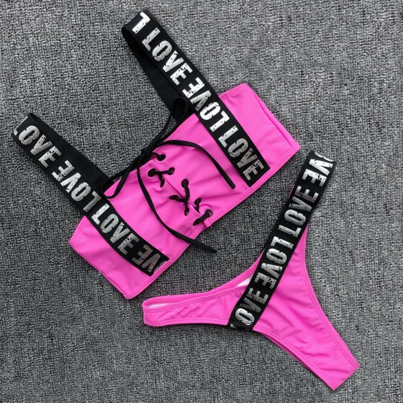 

Sexy Letter Tape Thong Bikini Sets 2019 Brazilian Plus Size Swimwear for Women Push up Sports Swimwear Low Waist Pink Bikini