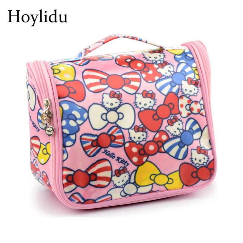 Милый рисунок «Hello Kitty» Складная Сумка Макияж Для женщин косметический BagsTravel Организатор Водонепроницаемый несессер с крючок для девочек