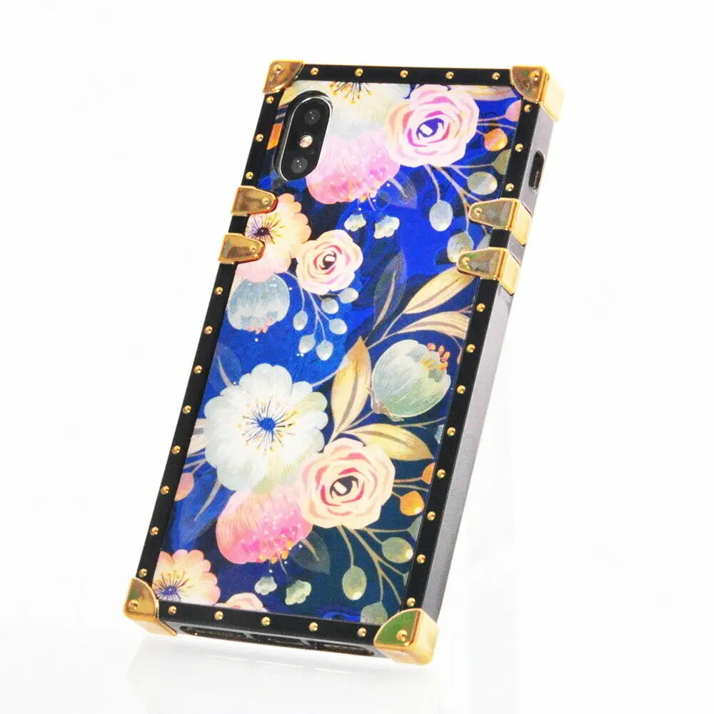 Luxury Rose Flower Blue Ray Square Eye Trunk TPU Case Cover For iPhone Samsung