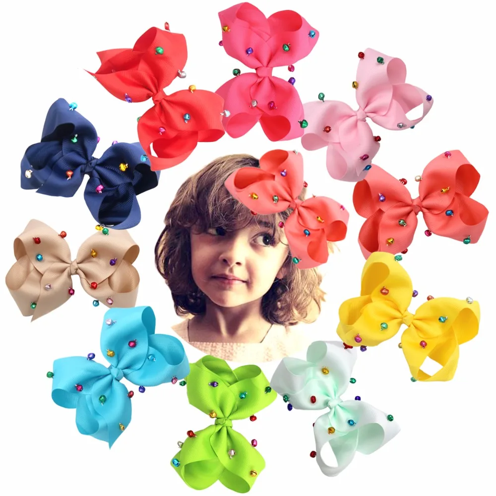 

6" Girls Hand-made Grosgrain Ribbon Jingle Bells Hair Bow Alligator Clips Hair Accessories for Little Girls (10 Color)