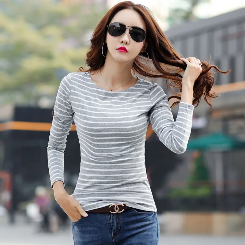 

New Fashion Spring Summer Stripe Female Cotton V-neck Pure Clothes T-shirt Long Sleeve T-shirt Render Unlined