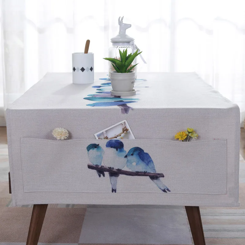  Proud Rose Linen Table Cloth Cartoon Birds Thicken Tea Cloth with Storage Bag Rectangular Cloth Cov