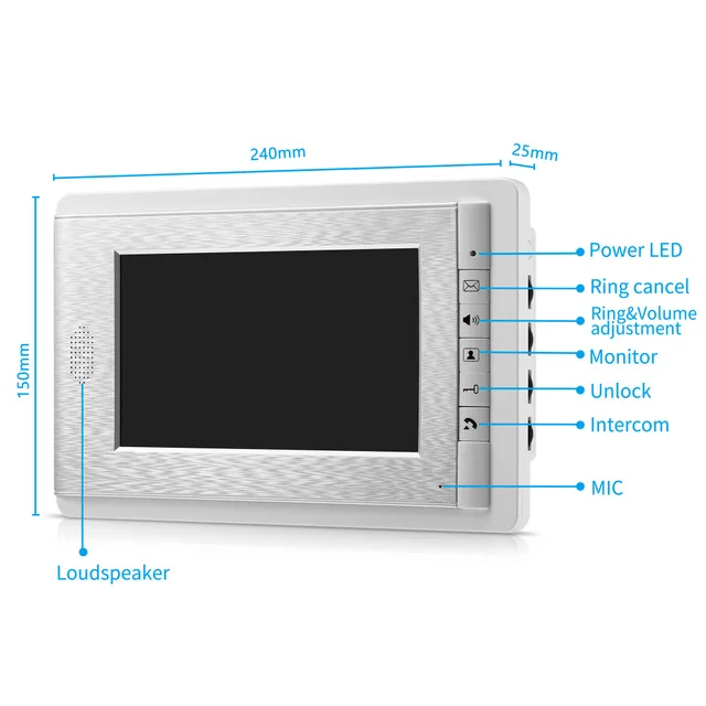 For 1V2 LCD 7'' TFT LCD Wired Video Door Phone Visual Video Intercom Speakerphone Intercom System ADD DC Power Supply 6