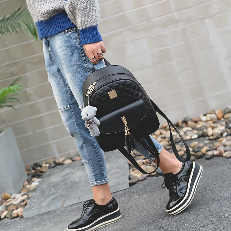2018 New Shoulder Bags 3 Pcs Bear Tassel Backpack Women Bag Diamond Lattice School Bags for Girls Backpacks for Women  Sac A Dos (11)