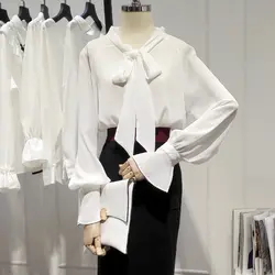 Осень 2019 г. Новый для женщин шифоновая блузка воротник бант фонари рукавами офисные женские туфли белые рубашки оборками Топы