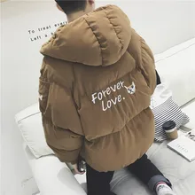2017 Winter New Arrival English Letter Cartoon Embroidery Cotton padded Clothes Thicken Hooded Loose Solid Color