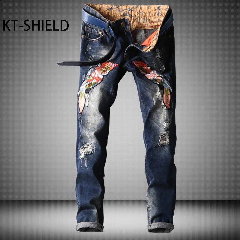 Mens clothing Biker Ripped Denim Jeans pants Fashion Cotton Masculina Pantalones Solid embroidery casual Vaqueros Hombre