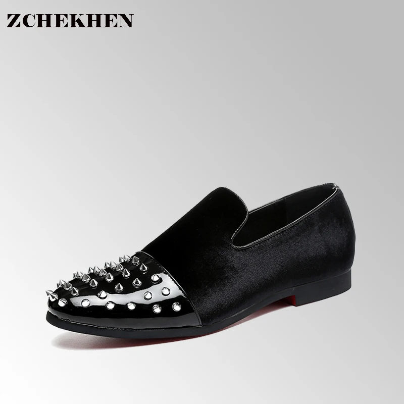 

2017 Euro style Black Patent leather men loafers with Black rivet toe Fashion Party dress men flats business shoes #54