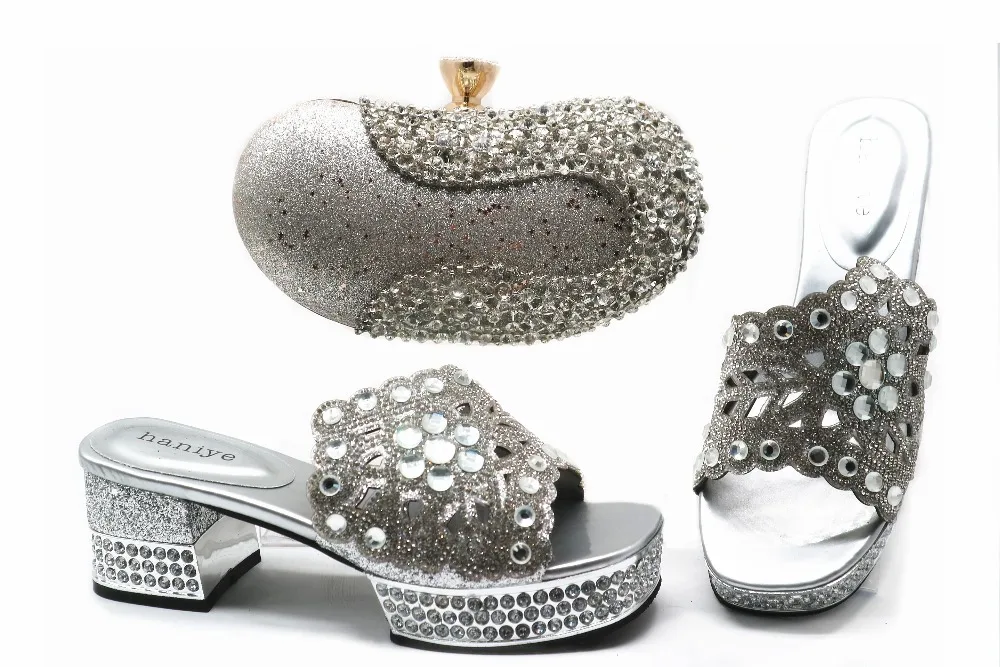 

Shinning slippers shoes in silver matching clutches bag size 38 to 42 high quality shoe and bag set matching african SB8370-1