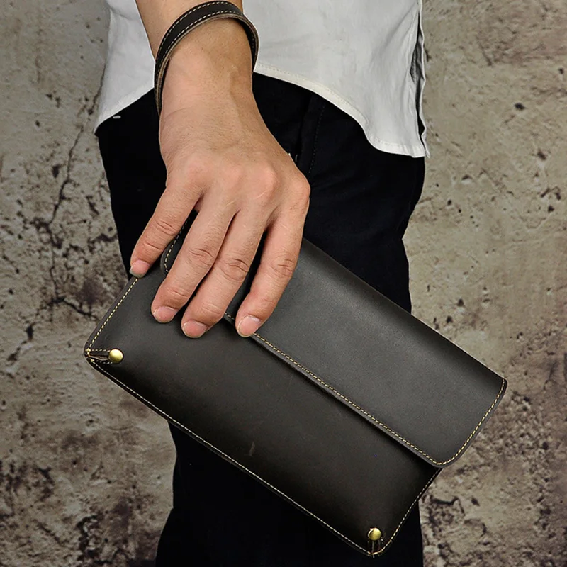 

High Quality Men Crazy Horse Cowhide Purse Clutch Handy Bag Card Holder Case Pocket Retro Genuine Leather Long Wallet Wrist bags