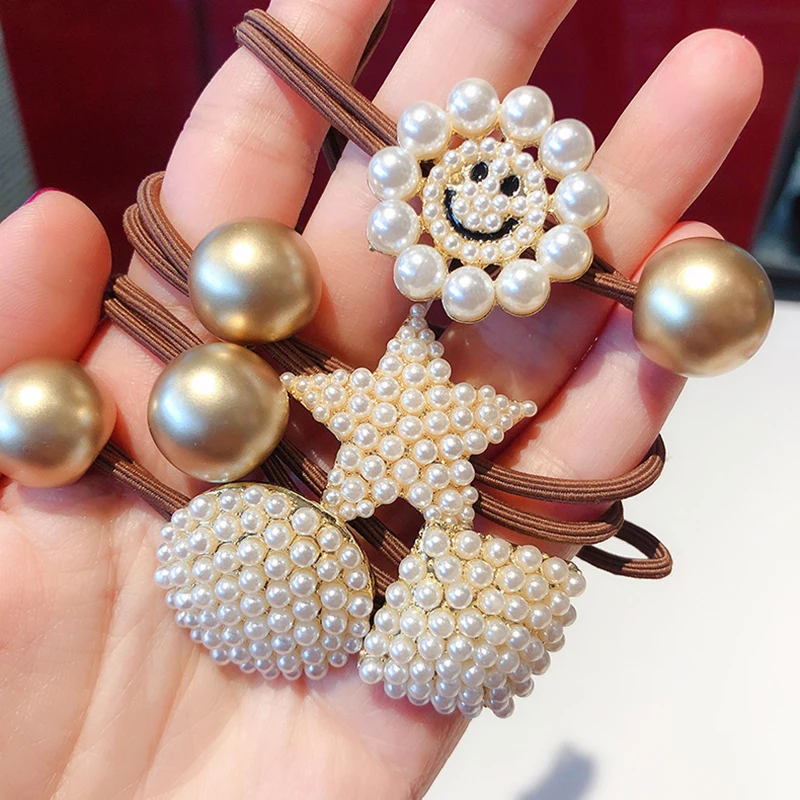 

Cute Smiley Face Star Elastic Simulated Pearl Hair Bands Girl Women Ponytail Holder Rubber Bands Headbands Hair Accessories