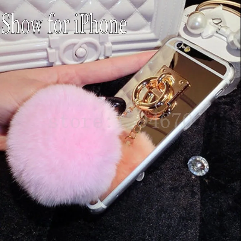 Для iPhone 11 Pro XS MAX XR 6 6S 4 5 5S 5G SE 7 8 S X plus 6plus 7P чехол с зеркальной кисточкой Мягкий Пушистый Теплый искусственный мех кролика помпон - Цвет: Gold Pink Ball